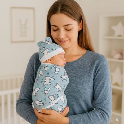 couverture emmaillotage bebe enveloppe lapin bleu