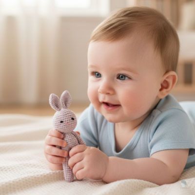 doudou lapin hochet apaisant fait main rose