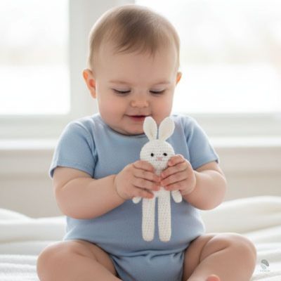 doudou lapin hochet apaisant fait main blanc